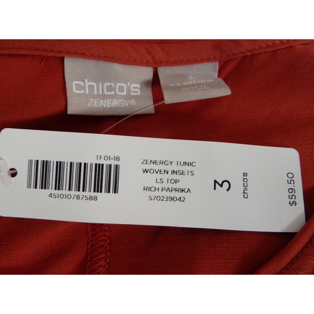 Chico's Zenergy Woven Insets Tunic Top Rich Paprika Sz 3 XL 16/18 NEW - Picture 6 of 7